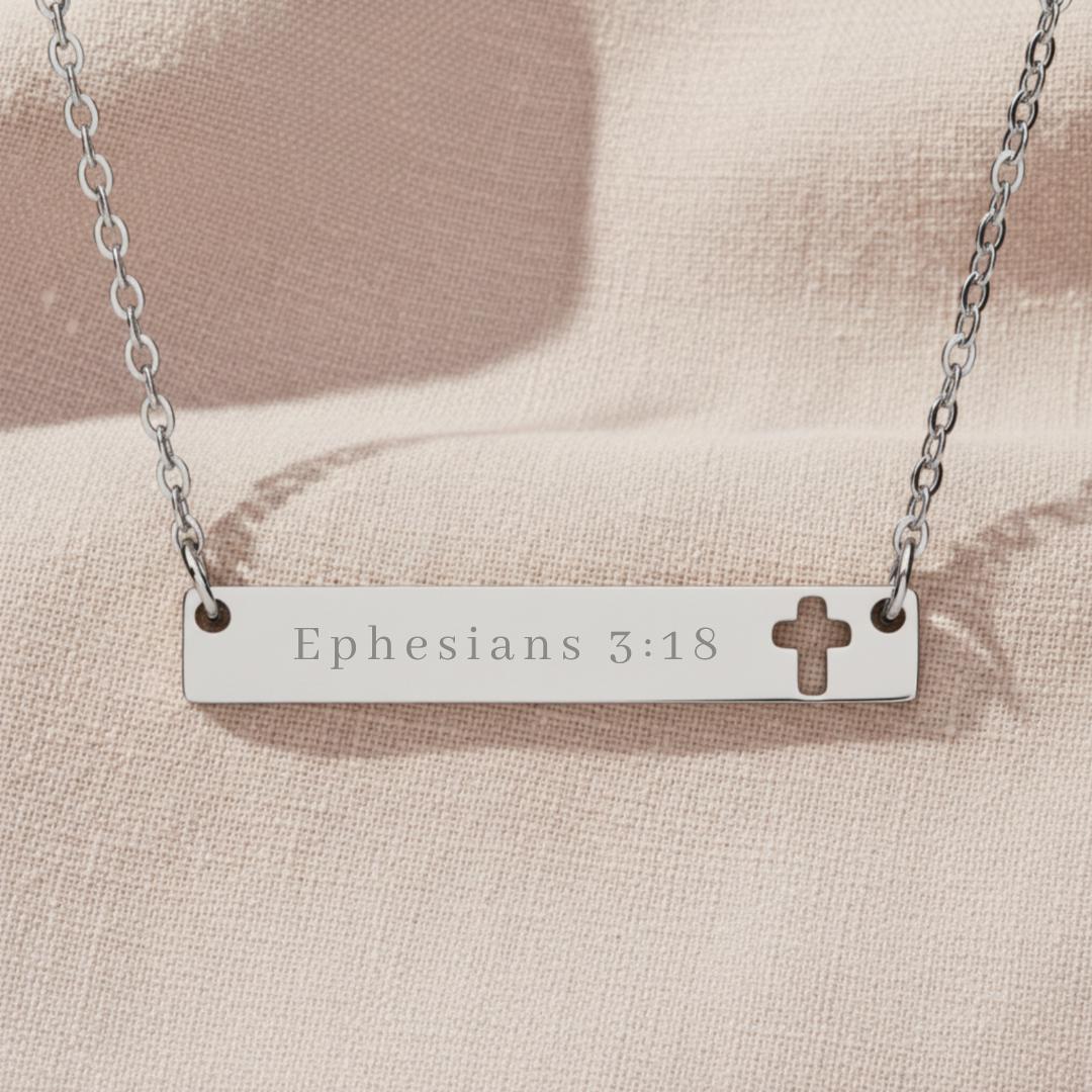 Ephesians 3:18 Cross Bar Necklace, Stainless Steel Christian Jewelry