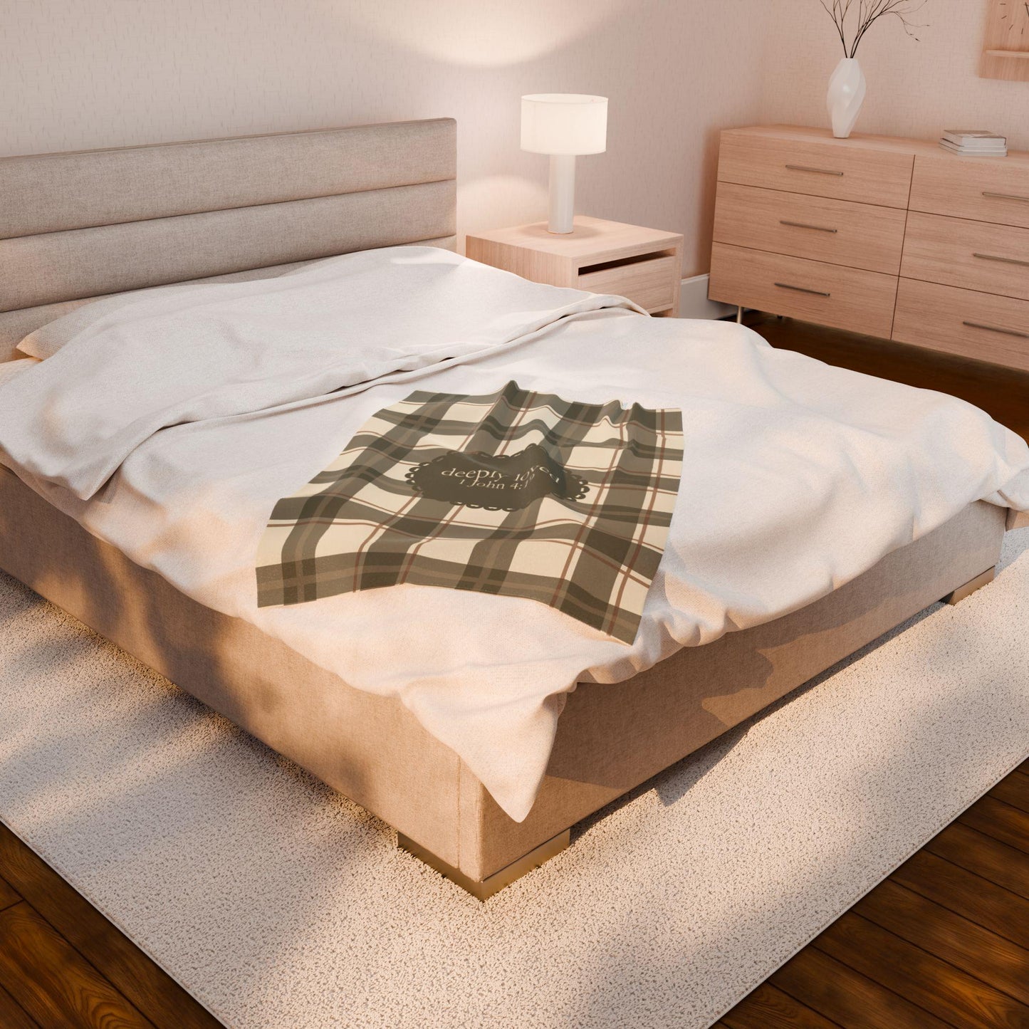 Deeply Loved Baby Blanket | 1 John 4:19 Scripture, Neutral Plaid | Newborn Swaddle Faith Inspired