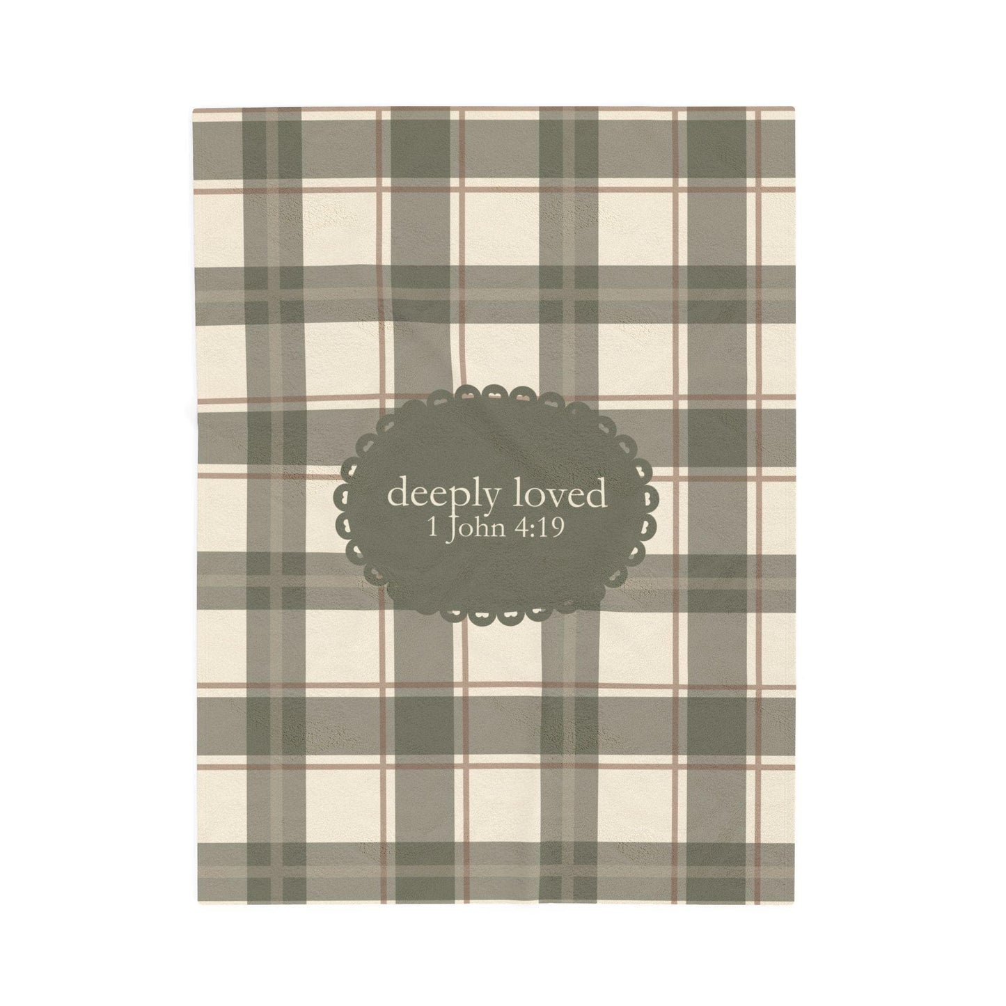 Deeply Loved Baby Blanket | 1 John 4:19 Scripture, Neutral Plaid | Newborn Swaddle Faith Inspired