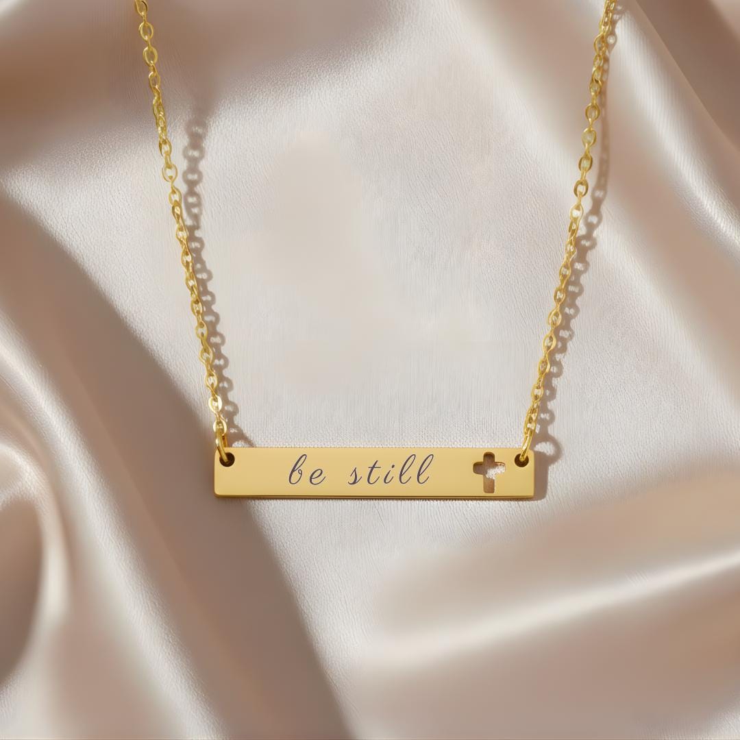 Be Still Cross Bar Necklace, Cutout Cross Design, Psalm 46:10 Scripture Jewelry, Minimal Christian Faith Necklace