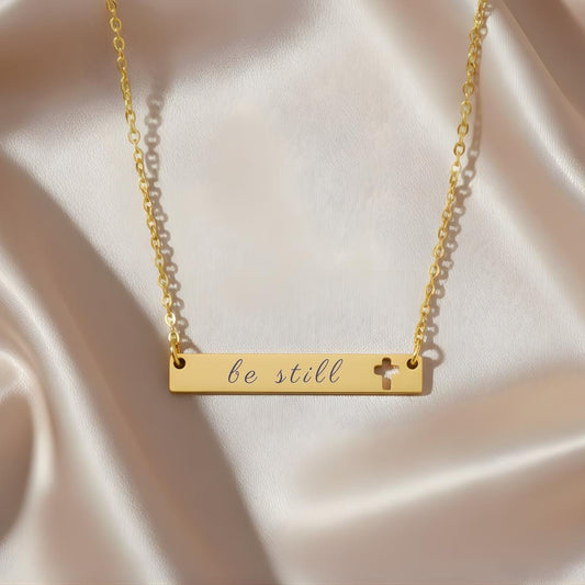 Be Still Cross Bar Necklace, Cutout Cross Design, Psalm 46:10 Scripture Jewelry, Minimal Christian Faith Necklace