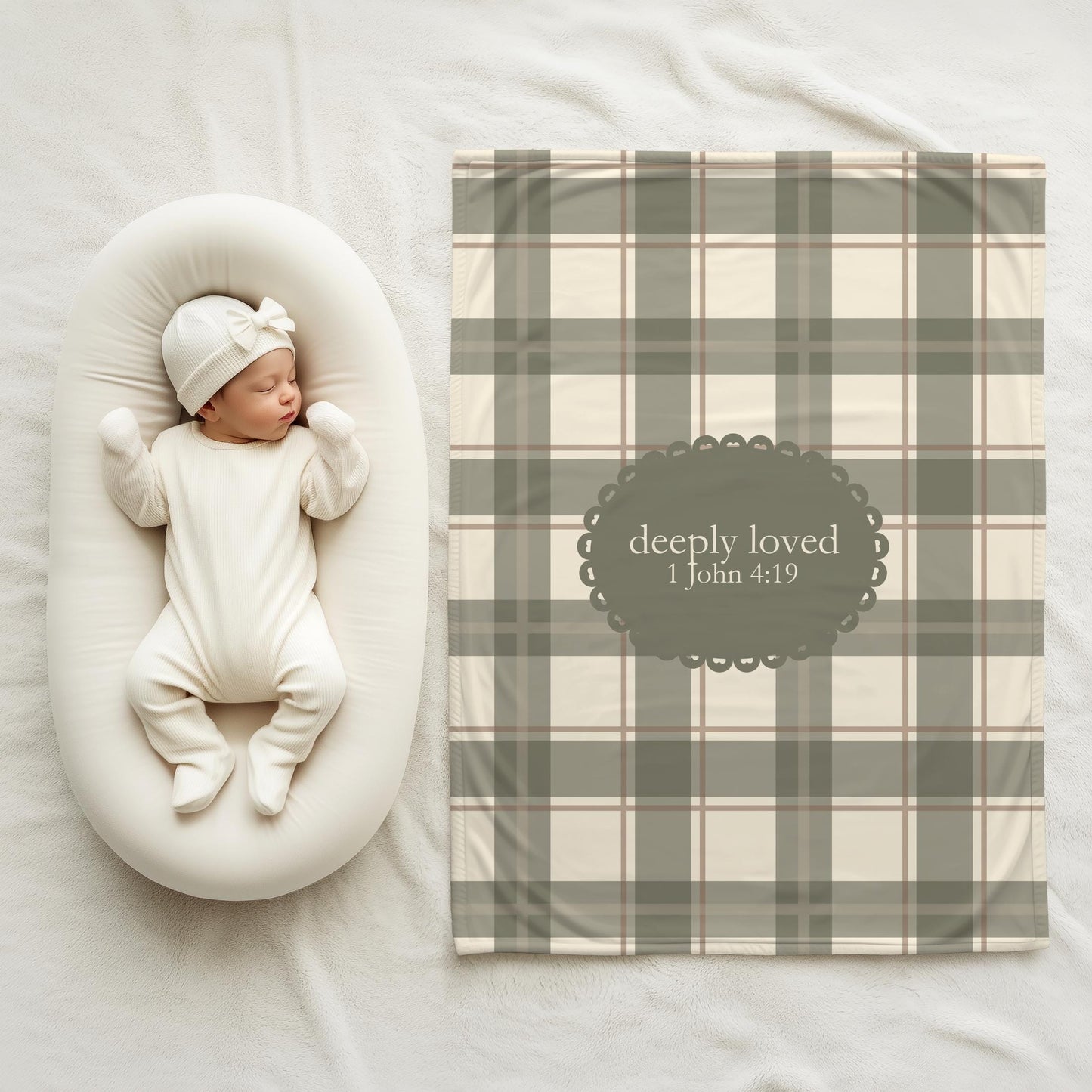 Deeply Loved Baby Blanket | 1 John 4:19 Scripture, Neutral Plaid | Newborn Swaddle Faith Inspired