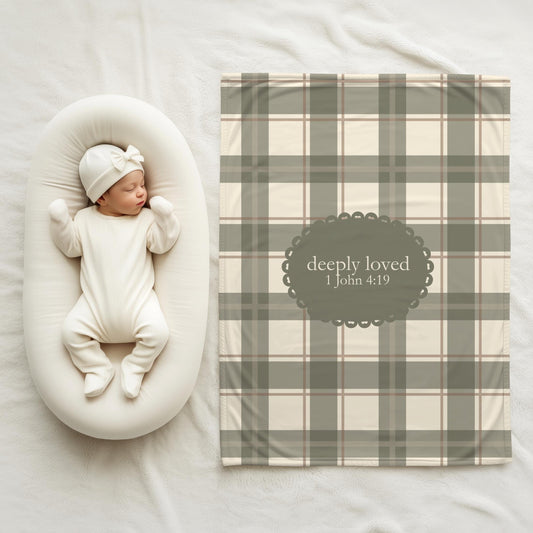 Deeply Loved Baby Blanket | 1 John 4:19 Scripture, Neutral Plaid | Newborn Swaddle Faith Inspired
