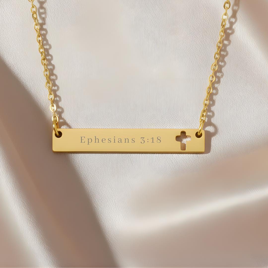 Ephesians 3:18 Cross Bar Necklace, Stainless Steel Christian Jewelry