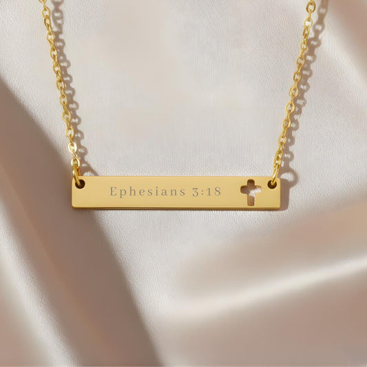 Ephesians 3:18 Cross Bar Necklace, Stainless Steel Christian Jewelry