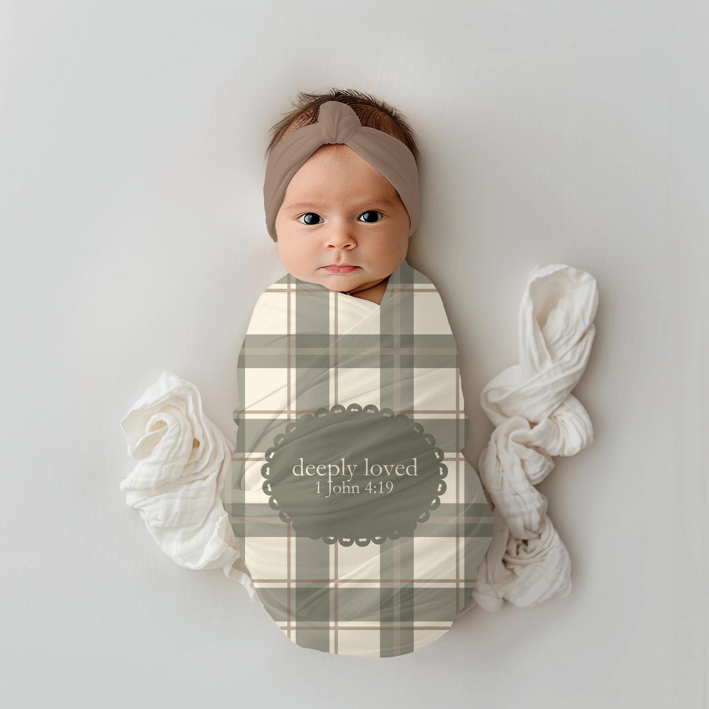 Deeply Loved Baby Blanket | 1 John 4:19 Scripture, Neutral Plaid | Newborn Swaddle Faith Inspired
