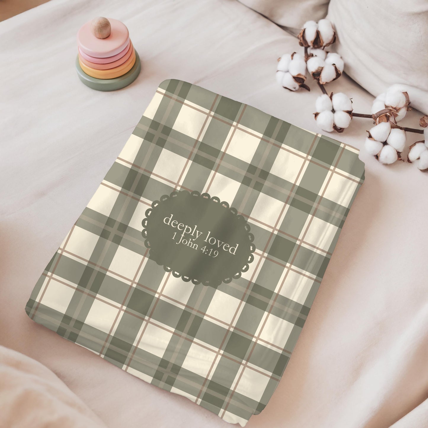 Deeply Loved Baby Blanket | 1 John 4:19 Scripture, Neutral Plaid | Newborn Swaddle Faith Inspired