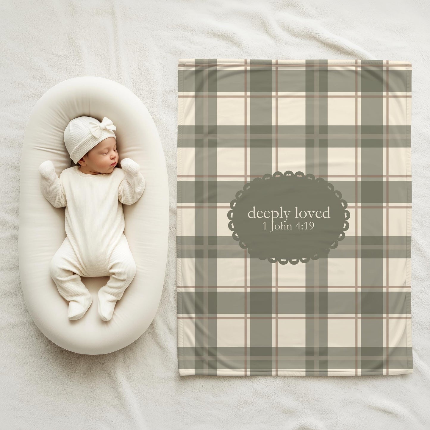 Deeply Loved Baby Blanket | 1 John 4:19 Scripture, Neutral Plaid | Newborn Swaddle Faith Inspired