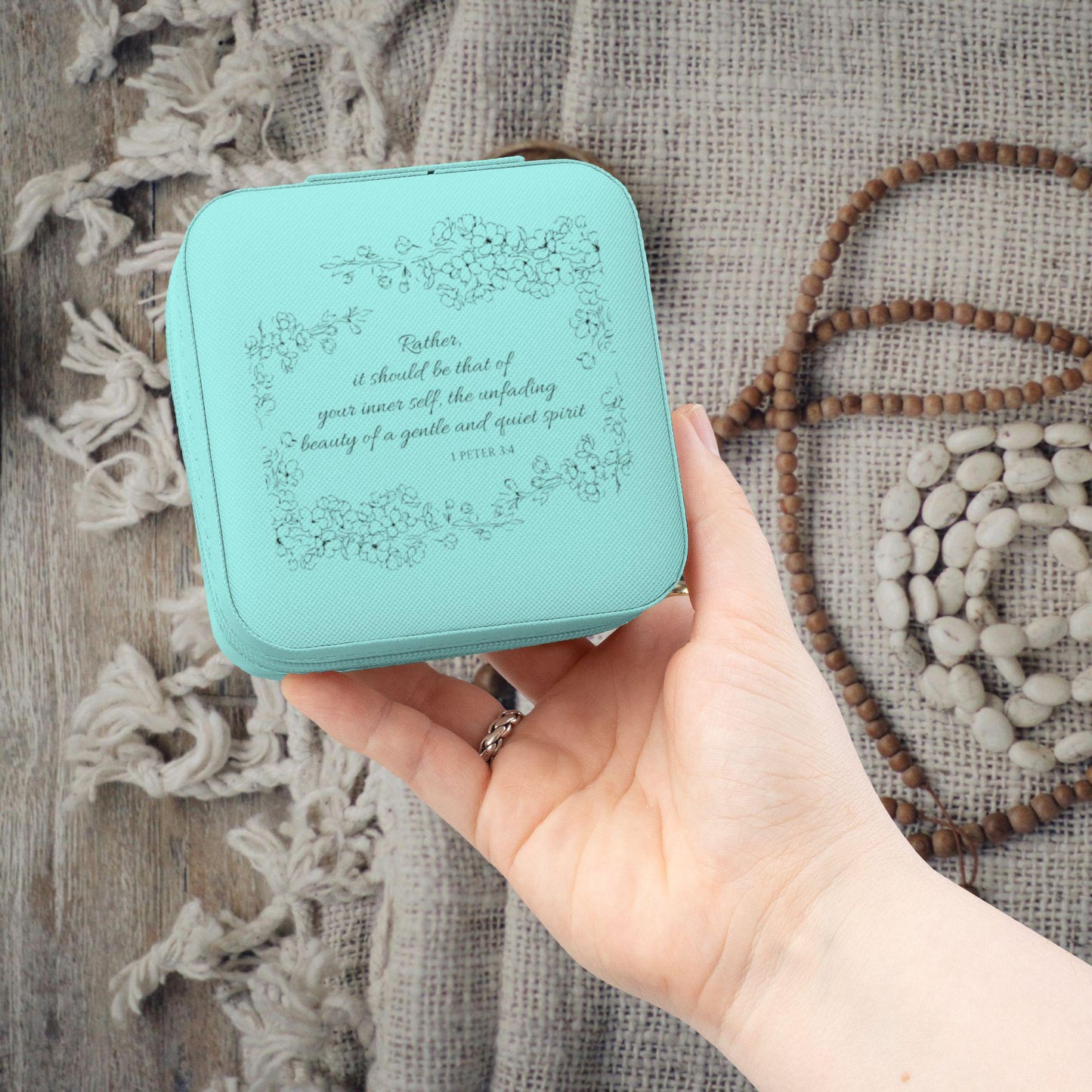 Christian Travel Jewelry Box, 1 Peter 3:4 Bible Verse, Inner Beauty Scripture Storage Case, Faith Gift for Her