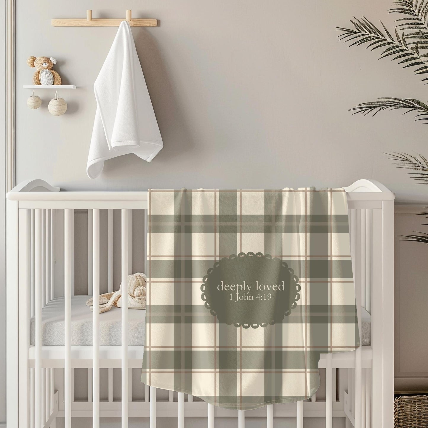 Deeply Loved Baby Blanket | 1 John 4:19 Scripture, Neutral Plaid | Newborn Swaddle Faith Inspired