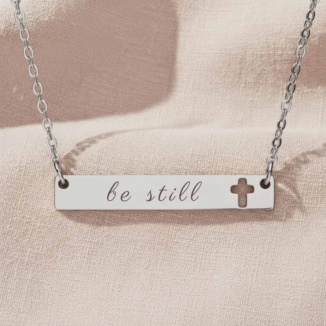 Be Still Cross Bar Necklace, Cutout Cross Design, Psalm 46:10 Scripture Jewelry, Minimal Christian Faith Necklace