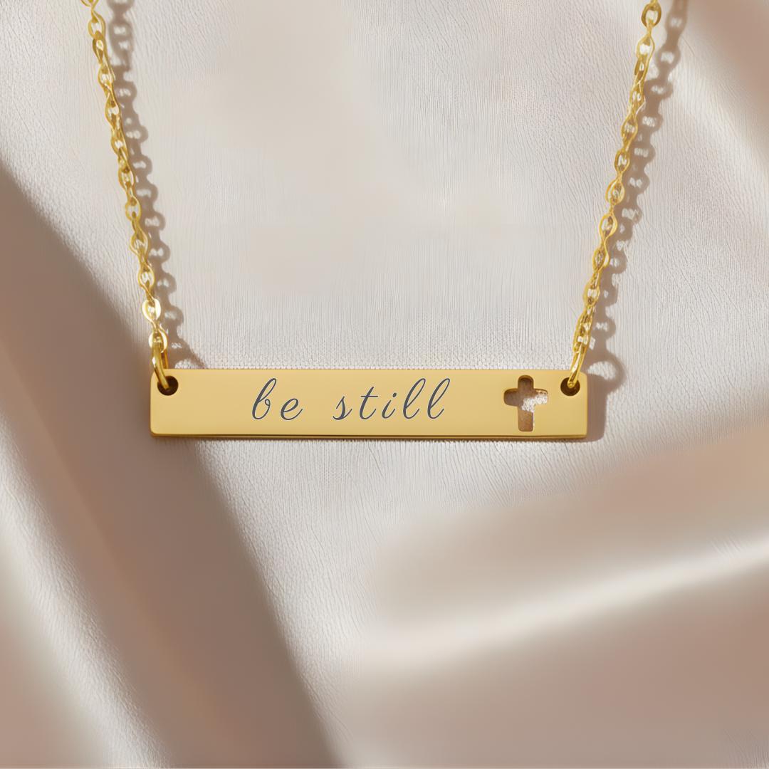 Be Still Cross Bar Necklace, Cutout Cross Design, Psalm 46:10 Scripture Jewelry, Minimal Christian Faith Necklace